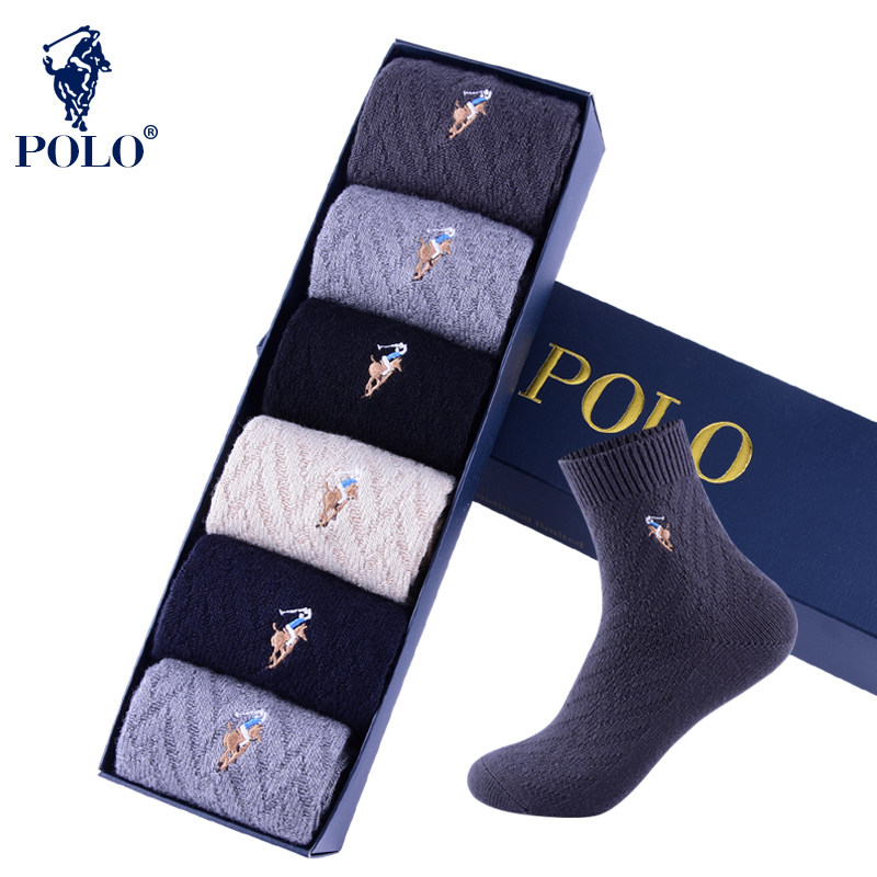 Polo羊毛袜男加厚秋冬季新款纯色商务冬天男士袜子保暖中筒男人袜