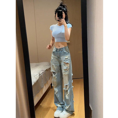 高个子裤长110美式破洞牛仔裤女夏季薄款高腰辣妹休闲直筒乞丐裤