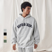 bdpowerup秋季 刺绣简约加绒卫衣男宽松 灰色连帽卫衣男时尚