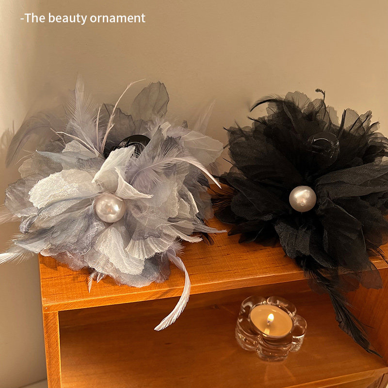 超仙网纱羽毛珍珠抓夹纯欲ins风后脑勺盘发鲨鱼夹子发夹发抓头饰