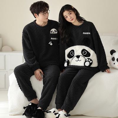 【蓄热型】黑色珊瑚绒熊猫可爱情侣睡衣加厚加绒保暖冬季男女法兰