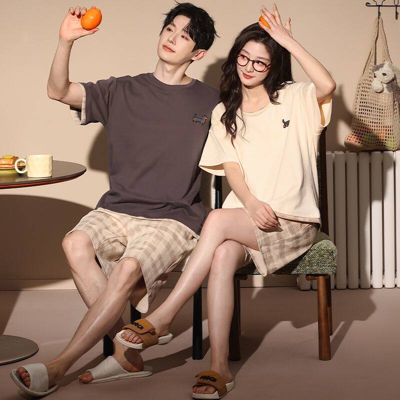韩版可爱格子情侣睡衣夏季新款纯棉短袖短裤套头宽松文艺风套装