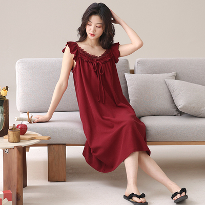 红色吊带睡裙女夏季纯棉新款短袖甜美本命年马年2026年新款睡衣