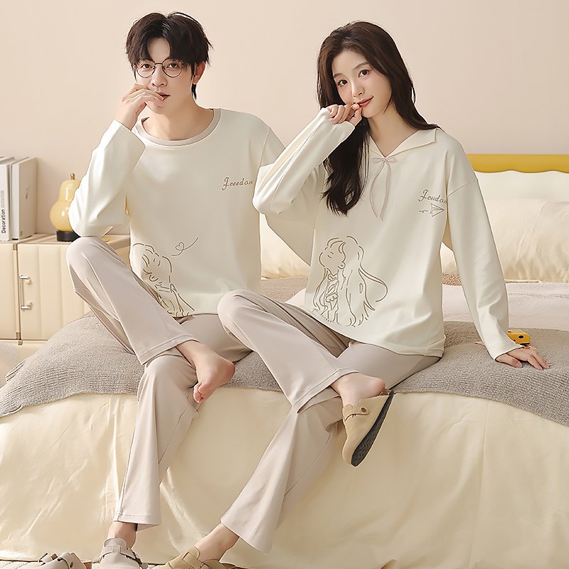 米杏色情侣睡衣秋季纯色简约休闲春秋款长袖100%纯棉家居服可外穿