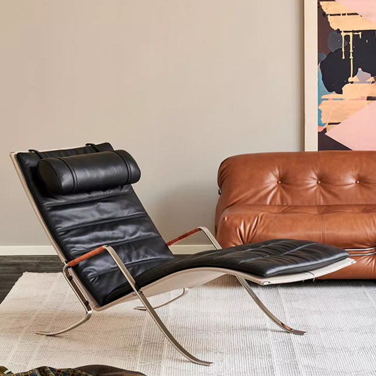 蚱蜢不锈钢躺椅FK87简约真皮阳台躺椅设计师款造型轻奢休闲沙发椅