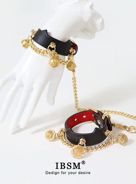 铃铛皮质手拷黑红柔软皮革手环