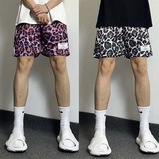 美式 潮牌宽松直筒运动休闲三分裤 豹纹短裤 新款 复古沙 男夏季 春夏季