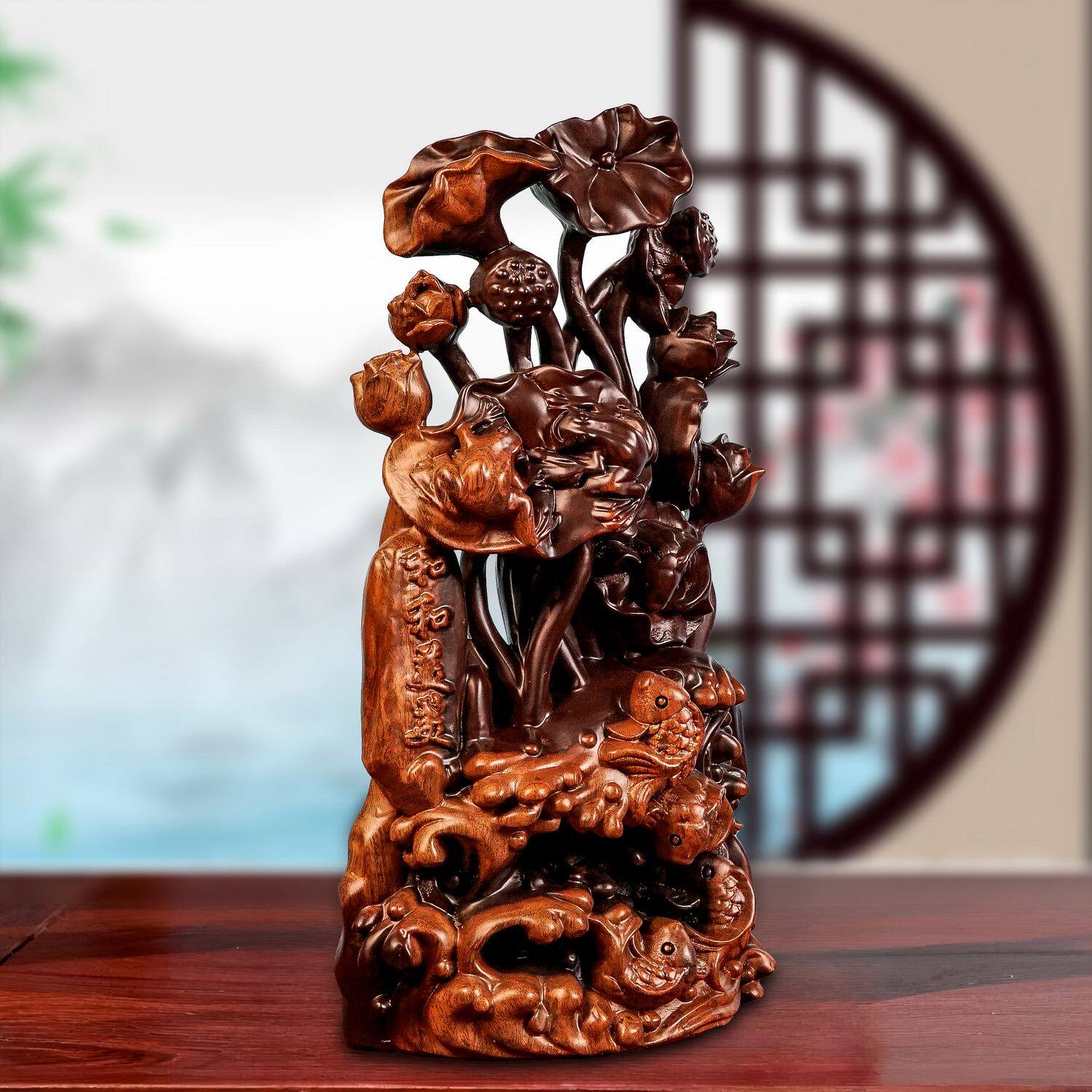 定制款黑檀木雕刻年年有鱼摆件木头雕刻荷花鲤鱼和和美美中式摆件