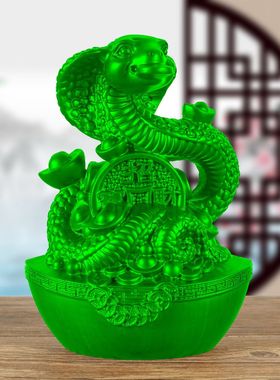 绿色木已蛇实木雕刻十二生肖摆件元宝蛇家居木雕红木工艺品送礼品