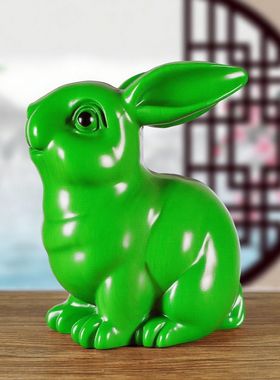 绿色实木雕刻兔子风水摆件客厅12生肖兔实木质兔工艺家居红木装饰