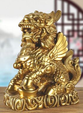 金色实木麒麟摆件木质客厅装饰品实木头雕刻火麒麟工艺品乔迁送礼