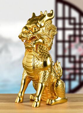 金色实木麒麟摆件木质客厅装饰品实木头雕刻火麒麟工艺品乔迁送礼
