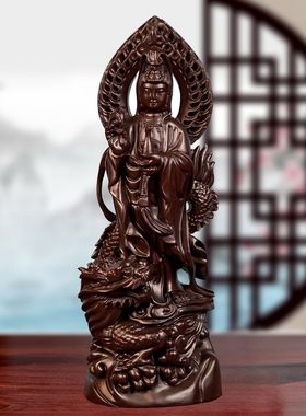 黑檀木实木雕刻降龙观音菩萨佛像观音佛光摆件客厅红木定制款木雕