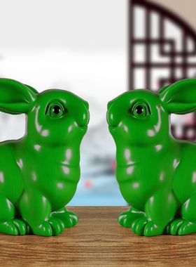 绿色实木雕刻兔子风水摆件客厅12生肖兔实木质兔工艺家居红木装饰