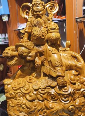 私人定制赵公明武财神实木原木摆件财神爷客厅玄关手工雕刻香樟木