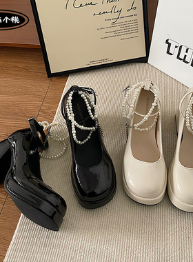 树上有个桃玛丽珍2025新款珍珠黑色高跟鞋厚底英伦风单鞋女小皮鞋