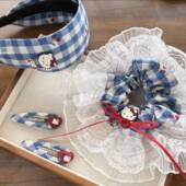 韩系kt猫新款 优雅蓝色格纹发夹bb夹马尾大肠发圈百搭学生发箍发饰