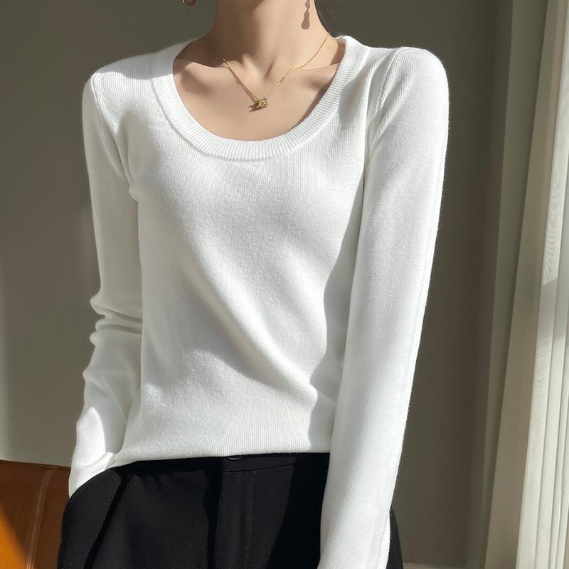 软糯新款圆领针织衫打底衫女内搭春秋冬显瘦上衣白色U领低领毛衣