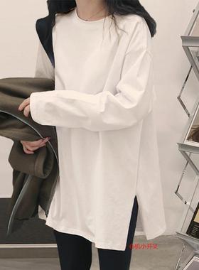 至简纯棉白色打底衫女中长款长袖t恤~内搭遮屁股2025秋季上衣