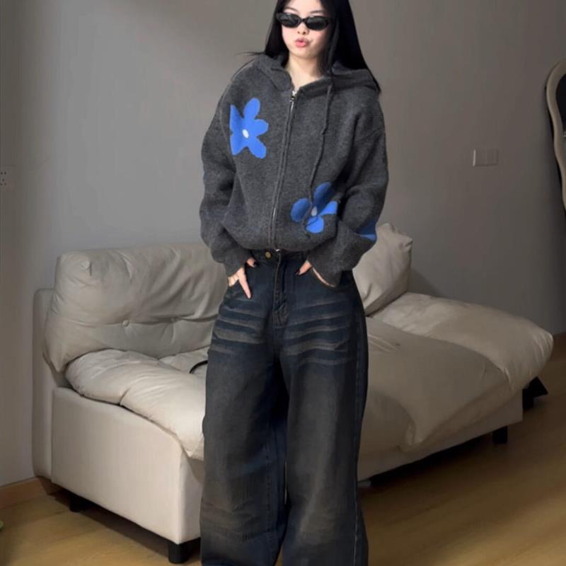 韩系灰色拉炼连帽针织衫开衫毛衣女秋冬季高级感慵懒宽松外套上衣