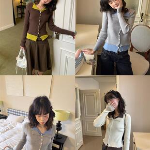 显瘦百搭毛衣开衫 女软糯修身 上衣 超好看撞色假两件翻领针织衫 FAN