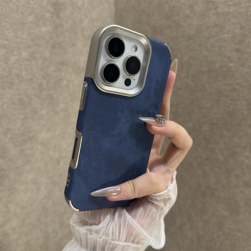 高颜值牛仔布纹适用于 于苹 果16promax手机保护壳iPhone15Pro全包防摔14pm女款电镀ip13全包防摔12/11男防滑