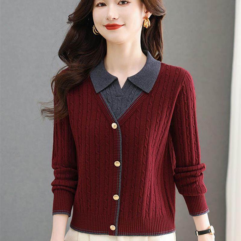 假两件毛衣针织衫女秋冬POLO领拼接衬衣小衫洋气宽松内搭打底上衣