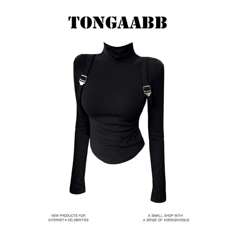 TONGAABB【现货】美式辣妹半高领垫肩长袖T恤女内搭修身打底上衣