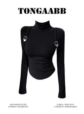 TONGAABB【现货】美式辣妹半高领垫肩长袖T恤女内搭修身打底上衣