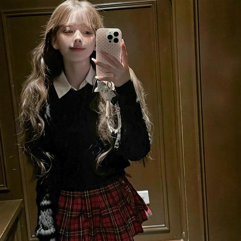 韩系chic假两件针织衫上衣女秋冬拼接衬衫领小个子软糯套头毛衣