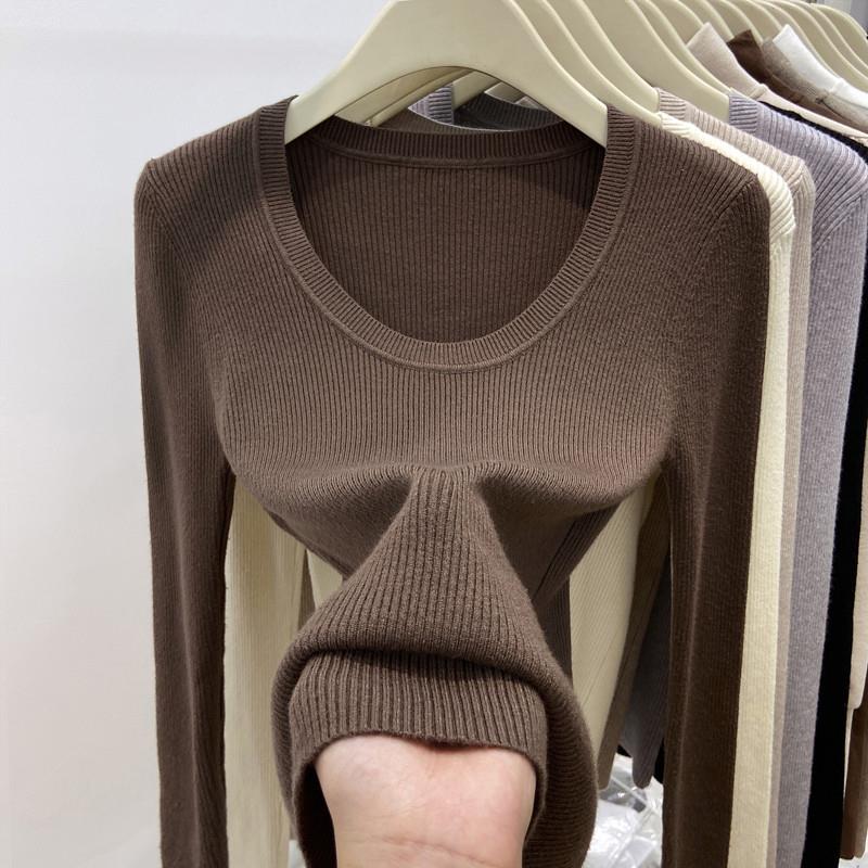 U领针织衫女2025秋冬新款修身显瘦打底衫内搭套头毛衣高级感上衣