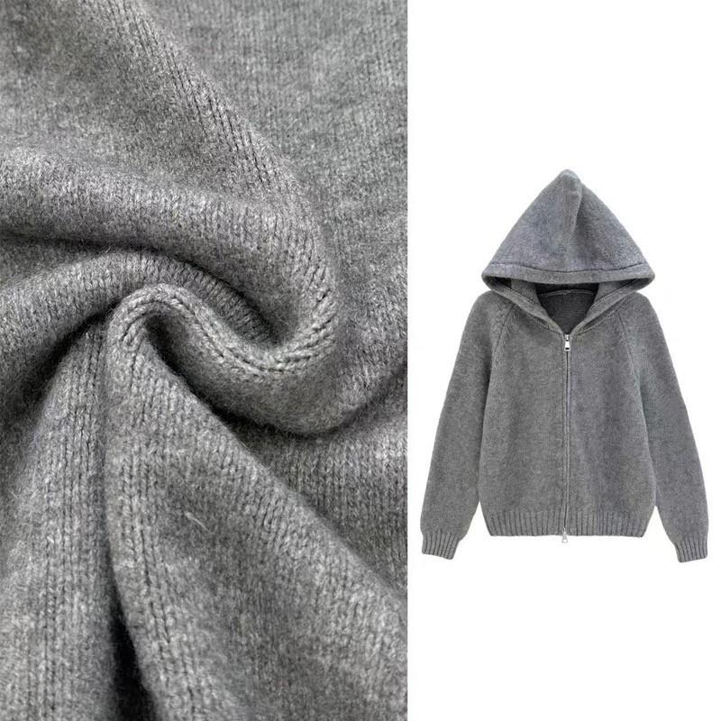 韩系灰色连帽设计感长袖针织衫女2024秋新款大码胖MM小众别致上衣