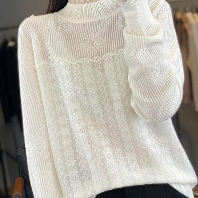 半高领蕾丝打底衫女2025新款洋气钉珠内搭特大码女装秋冬针织毛衣