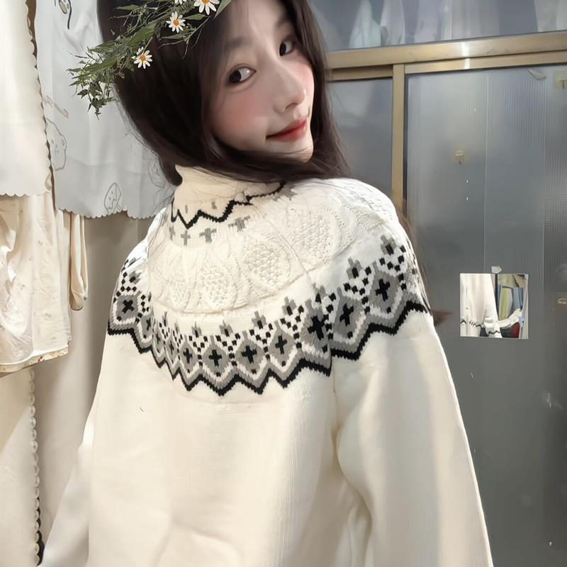 韩系费尔岛白色立领毛衣开衫外套女秋冬宽松慵懒风拉炼针织衫上衣