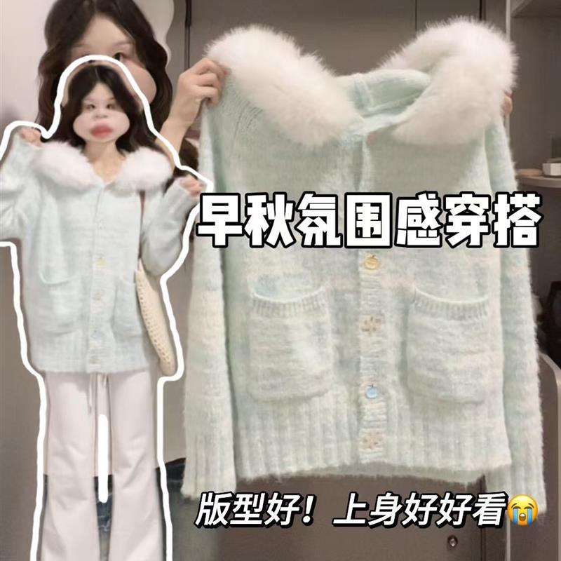 2025秋冬新款大毛领连帽毛衣针织开衫外套女慵懒风超好看宽松上衣