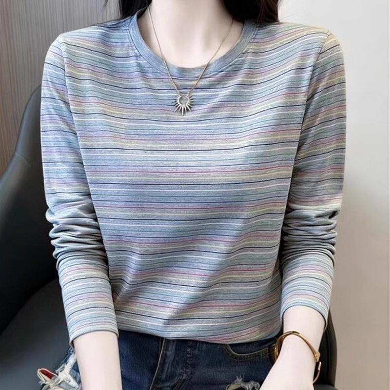 纯棉条纹长袖t恤女打底春秋季新款宽松显瘦遮肚休闲正肩内搭上衣