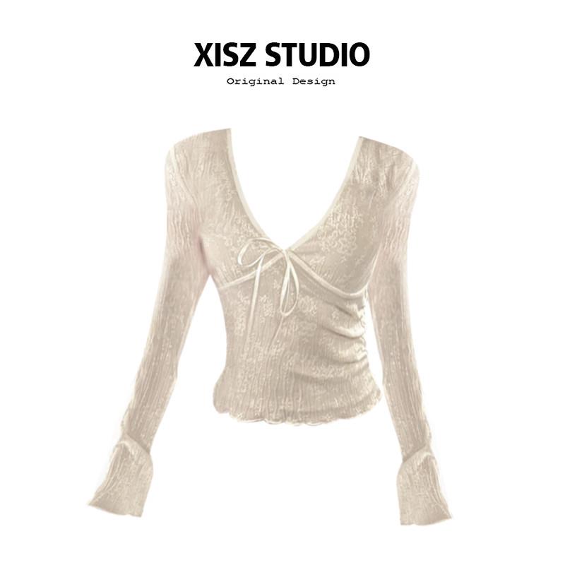 设计感V领蝴蝶结蕾丝衫女春夏季辣妹短款性感收腰显瘦防晒衫上衣