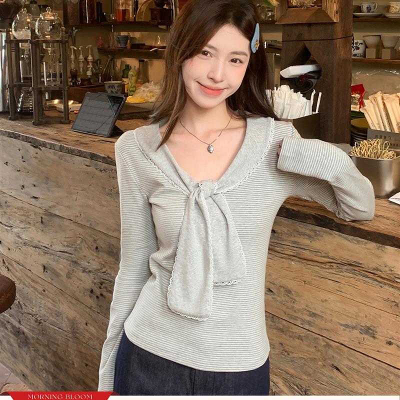 morning bloom条纹蕾丝拼接蝴蝶结长袖T恤女秋季修身打底内搭上衣