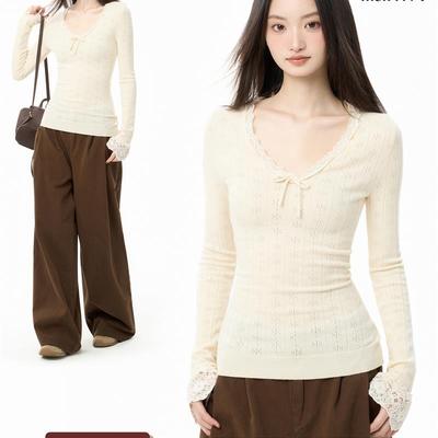iiiamX蕾丝v领针织打底衫女秋季修身内搭毛衣长袖针织衫上衣2025
