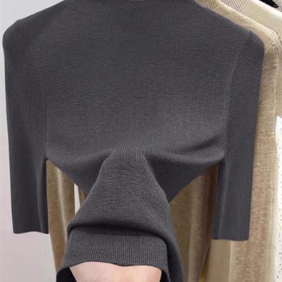 2025早秋新款半高领针织衫女修身显瘦百搭五分袖纯色打底衫上衣女