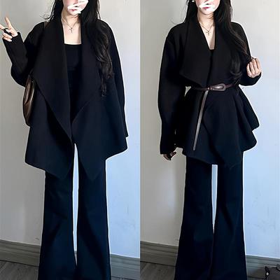 2025新款慵懒风韩系高级感黑色翻领针织开衫毛衣外套女早秋小个子