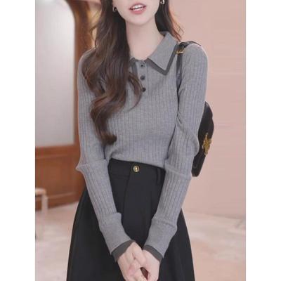 polo领坑条针织衫长袖女春季内搭修身毛衣2025新款大码高级感上衣