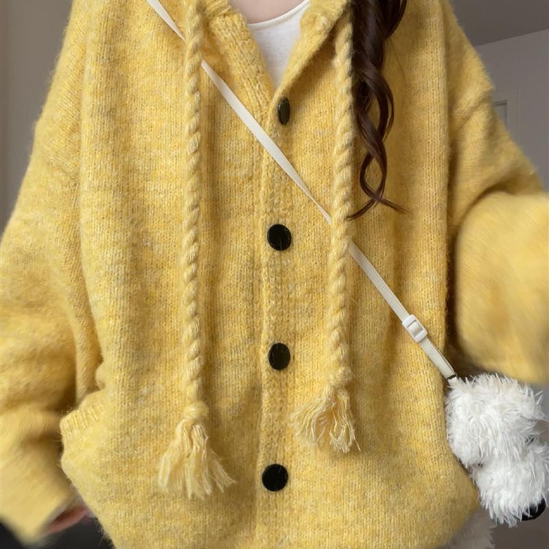 韩系连帽软糯黄色针织开衫上衣女早秋季穿搭宽松慵懒风毛衣外套冬