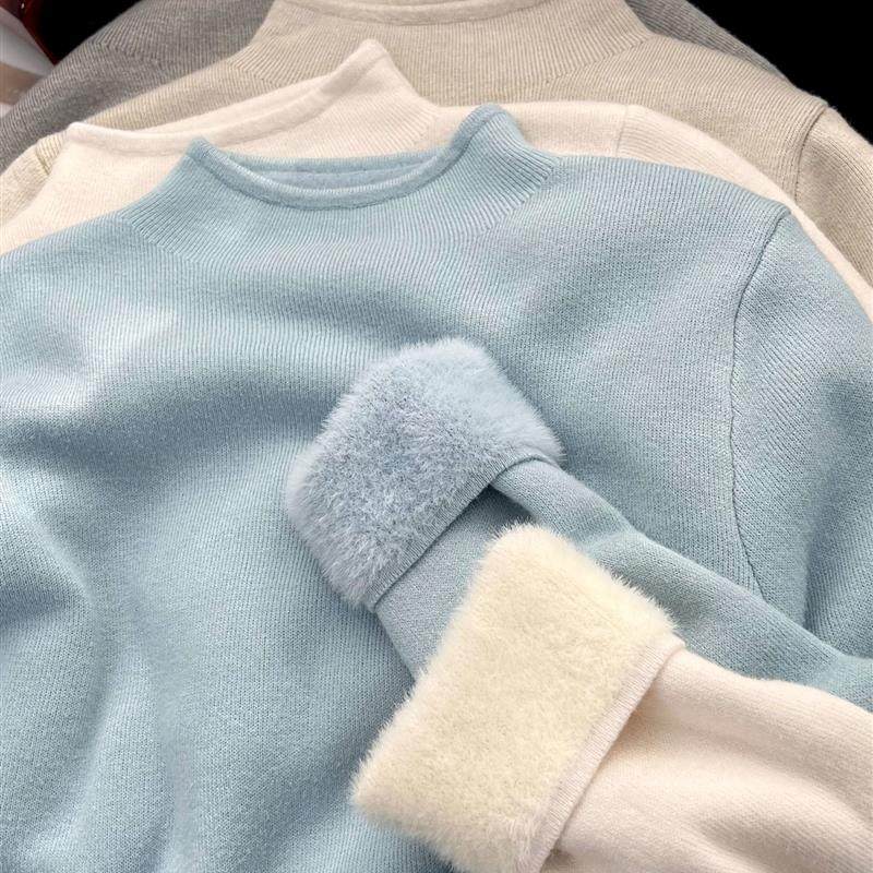 软绵加厚一体绒内搭保暖针织毛衣女秋冬款气质简约半高领打底上衣