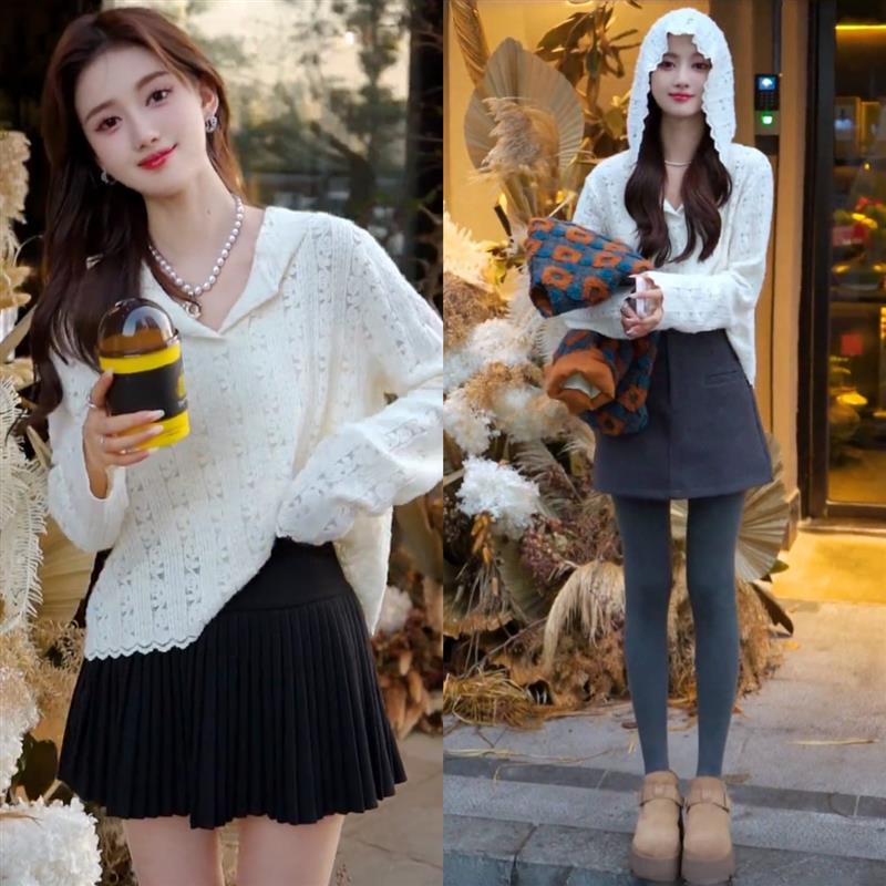 韩系时尚镂空蕾丝钩花连帽针织衫女春季2025新款叠穿内搭打底上衣