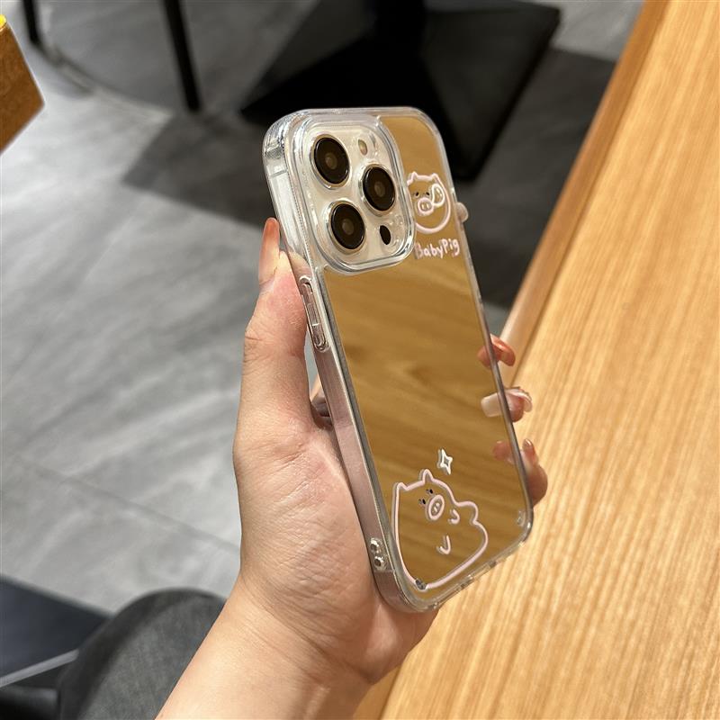 16镜面可爱猪猪15适用苹果14pro手机壳iphone13pro max补妆镜12创意11女plus硅胶13简约15pro全包防摔保护套