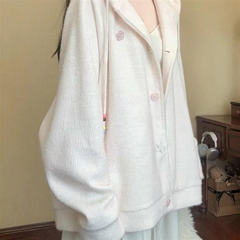 软糯慵懒高级感粉色连帽毛衣外套女款秋2025新款针织开衫早秋上衣