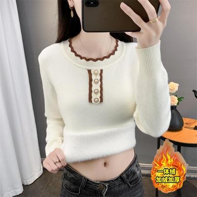 圆领毛衣女加绒加厚一体绒秋冬针织衫修身保暖大码打底衫内搭上衣