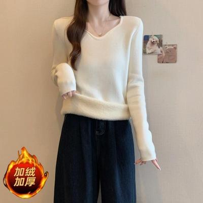 一体绒V领长袖针织打底衫女春秋款2025大码胖mm加厚内搭保暖上衣