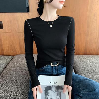 黑色打底衫女春秋冬新款内搭修身长袖t恤撞色高级感圆领正肩上衣